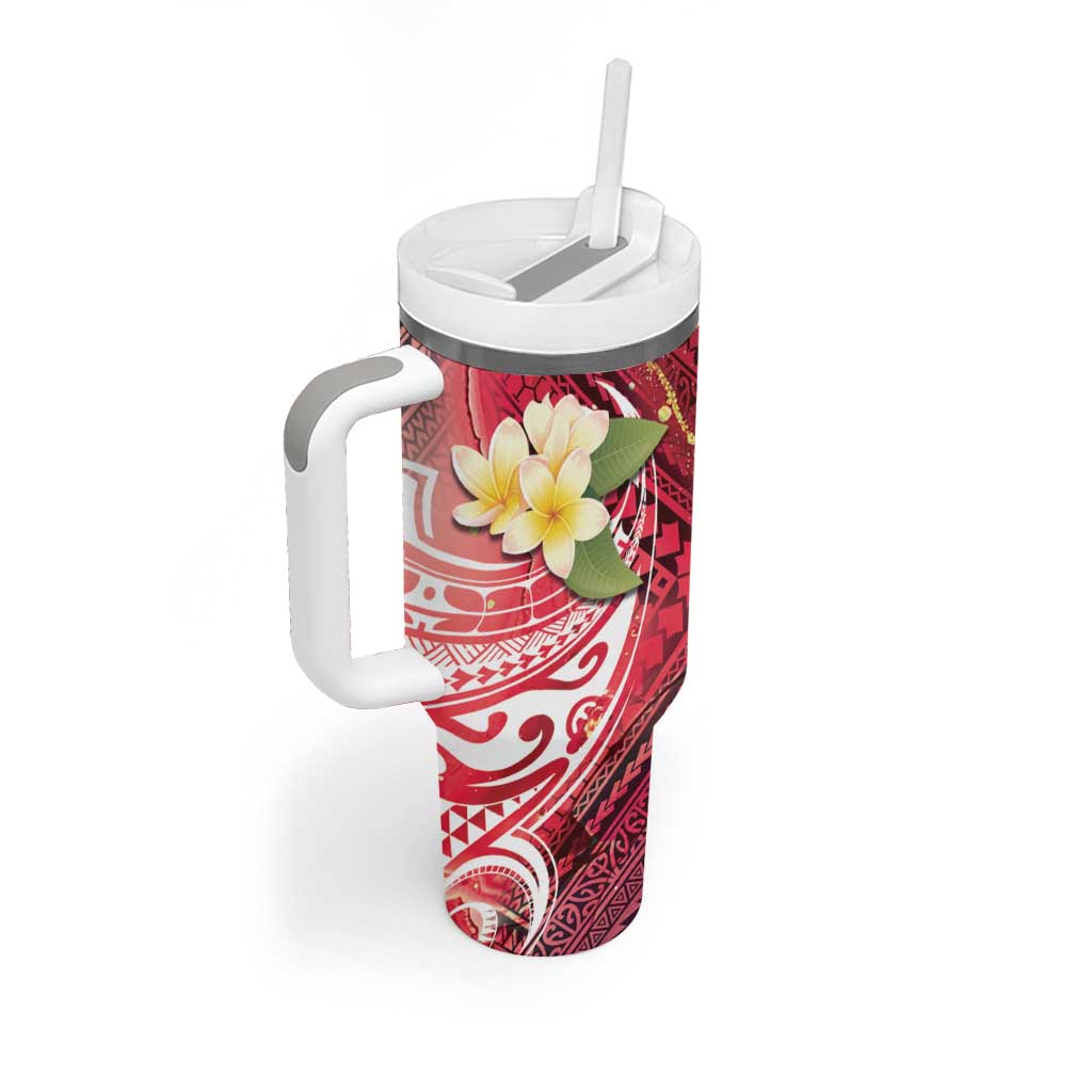 Polynesian Tribal Tattoo Tumbler With Handle Plumeria Blood Red and Gold Marble Pattern LT9 - Polynesian Pride