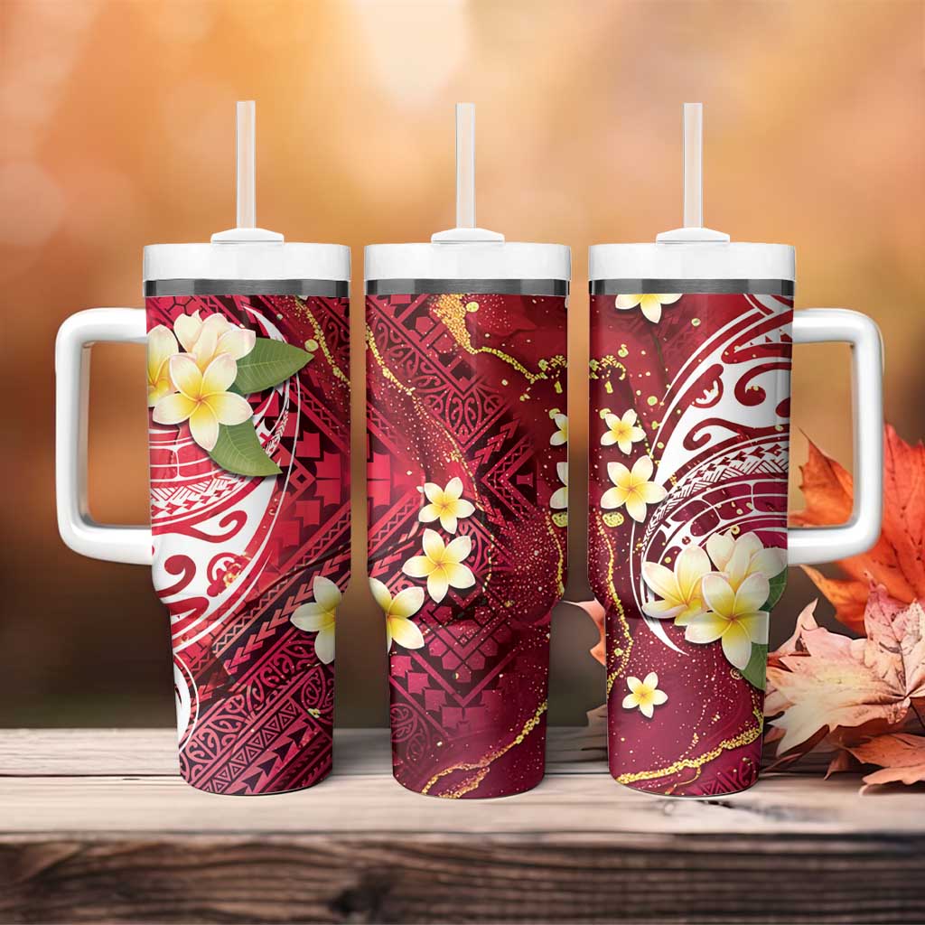 Polynesian Tribal Tattoo Tumbler With Handle Plumeria Blood Red and Gold Marble Pattern LT9 - Polynesian Pride