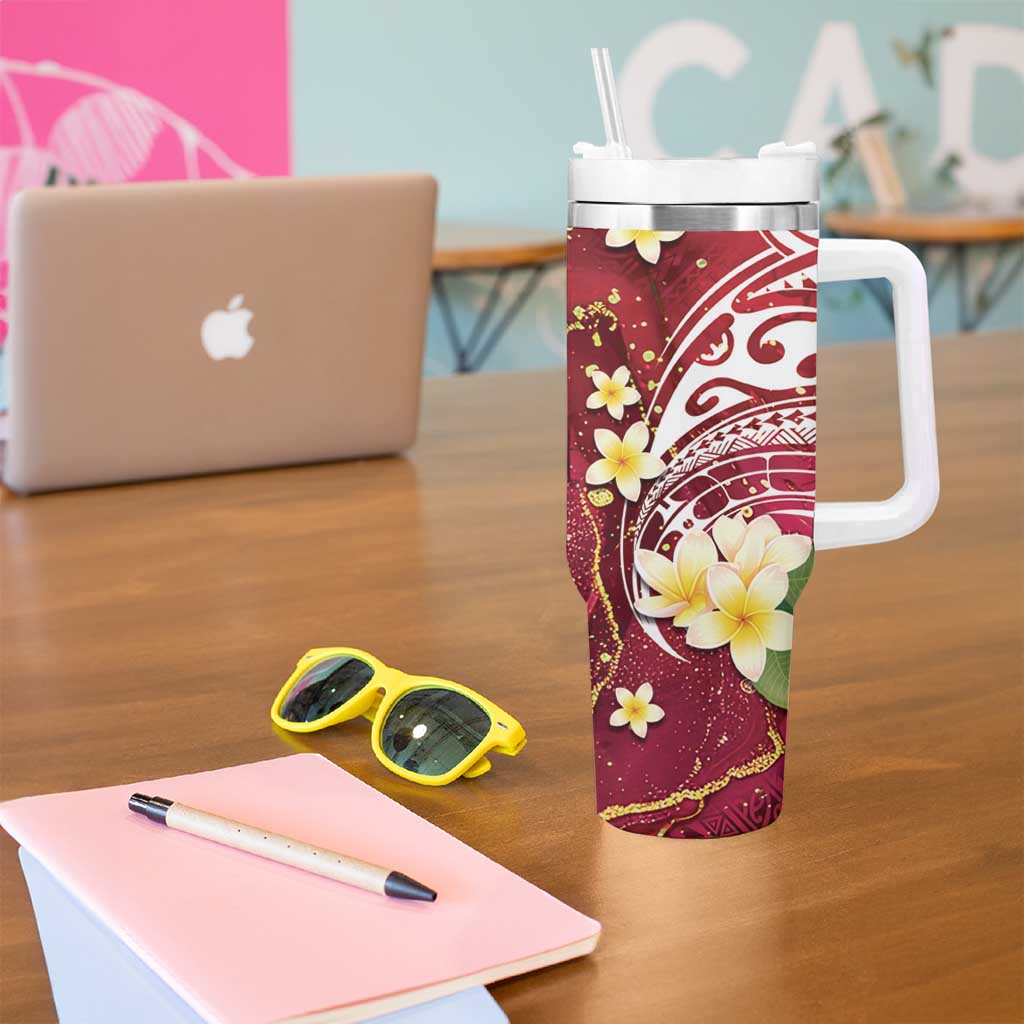Polynesian Tribal Tattoo Tumbler With Handle Plumeria Blood Red and Gold Marble Pattern LT9 - Polynesian Pride