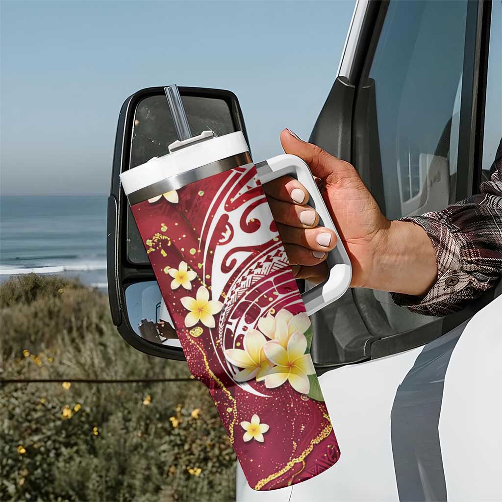 Polynesian Tribal Tattoo Tumbler With Handle Plumeria Blood Red and Gold Marble Pattern LT9 - Polynesian Pride