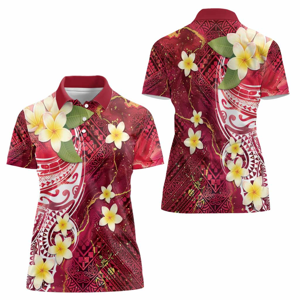 Polynesian Tribal Tattoo Women Polo Shirt Plumeria Blood Red and Gold Marble Pattern