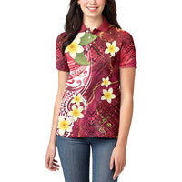 Polynesian Tribal Tattoo Women Polo Shirt Plumeria Blood Red and Gold Marble Pattern