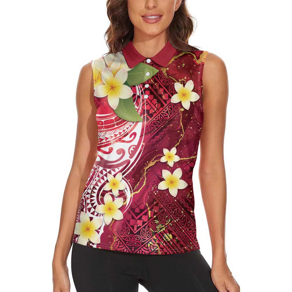 Polynesian Tribal Tattoo Women Sleeveless Polo Shirt Plumeria Blood Red and Gold Marble Pattern