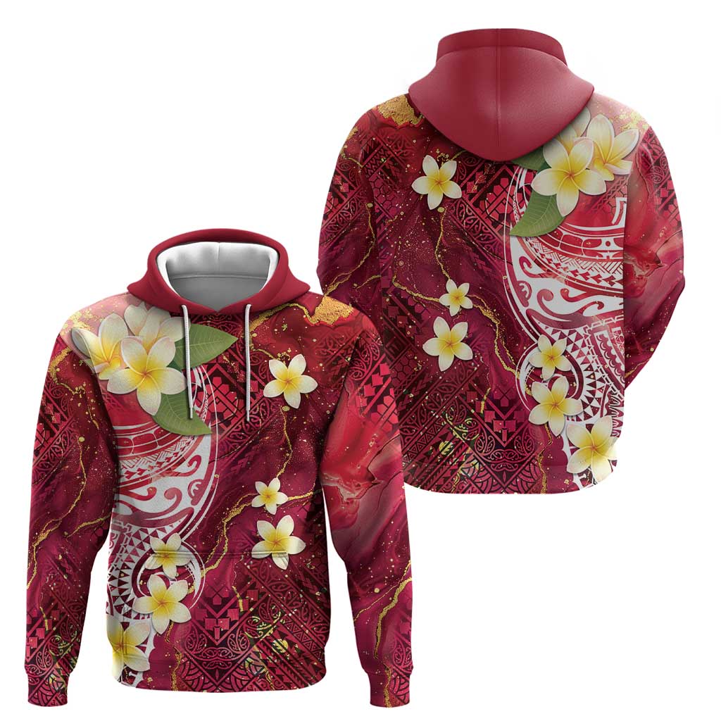 Polynesian Tribal Tattoo Zip Hoodie Plumeria Blood Red and Gold Marble Pattern