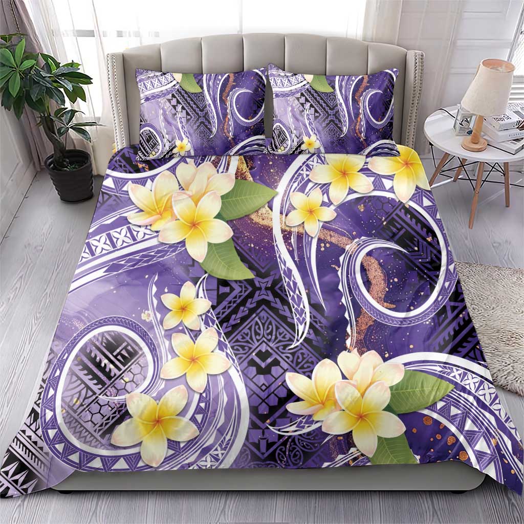 Polynesian Tribal Tattoo Bedding Set Plumeria Purple Marble Pattern