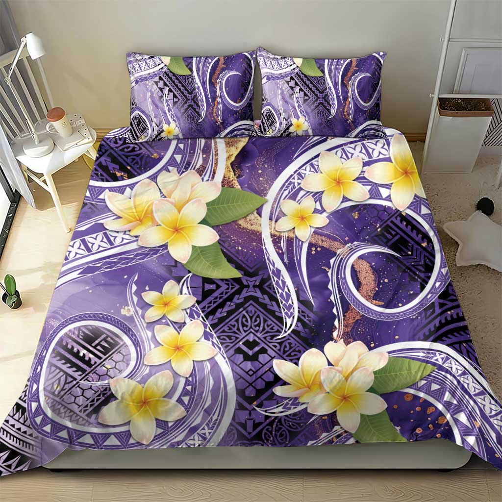 Polynesian Tribal Tattoo Bedding Set Plumeria Purple Marble Pattern