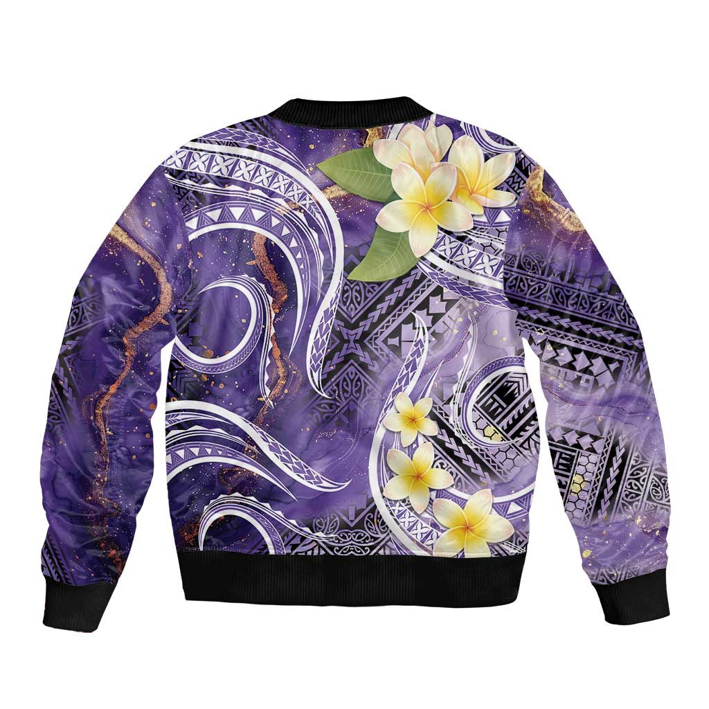 Polynesian Tribal Tattoo Bomber Jacket Plumeria Purple Marble Pattern