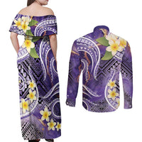 Polynesian Tribal Tattoo Couples Matching Off Shoulder Maxi Dress and Long Sleeve Button Shirt Plumeria Purple Marble Pattern LT9 - Polynesian Pride
