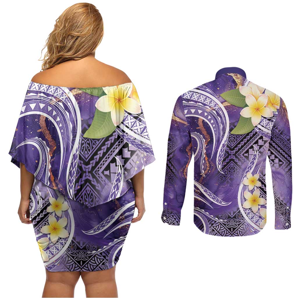 Polynesian Tribal Tattoo Couples Matching Off Shoulder Short Dress and Long Sleeve Button Shirt Plumeria Purple Marble Pattern LT9 - Polynesian Pride