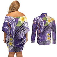 Polynesian Tribal Tattoo Couples Matching Off Shoulder Short Dress and Long Sleeve Button Shirt Plumeria Purple Marble Pattern LT9 - Polynesian Pride