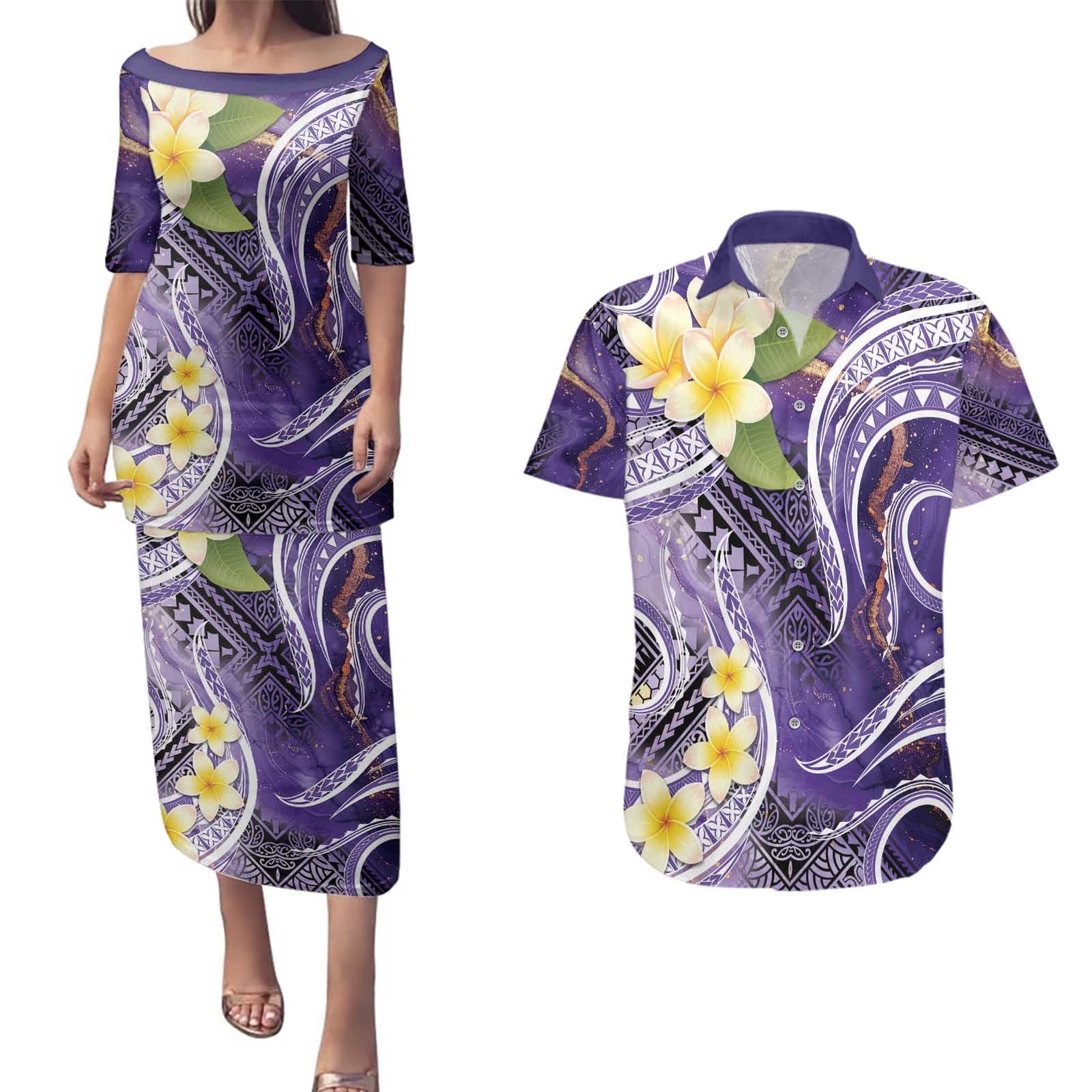 Polynesian Tribal Tattoo Couples Matching Puletasi and Hawaiian Shirt Plumeria Purple Marble Pattern LT9 Purple - Polynesian Pride