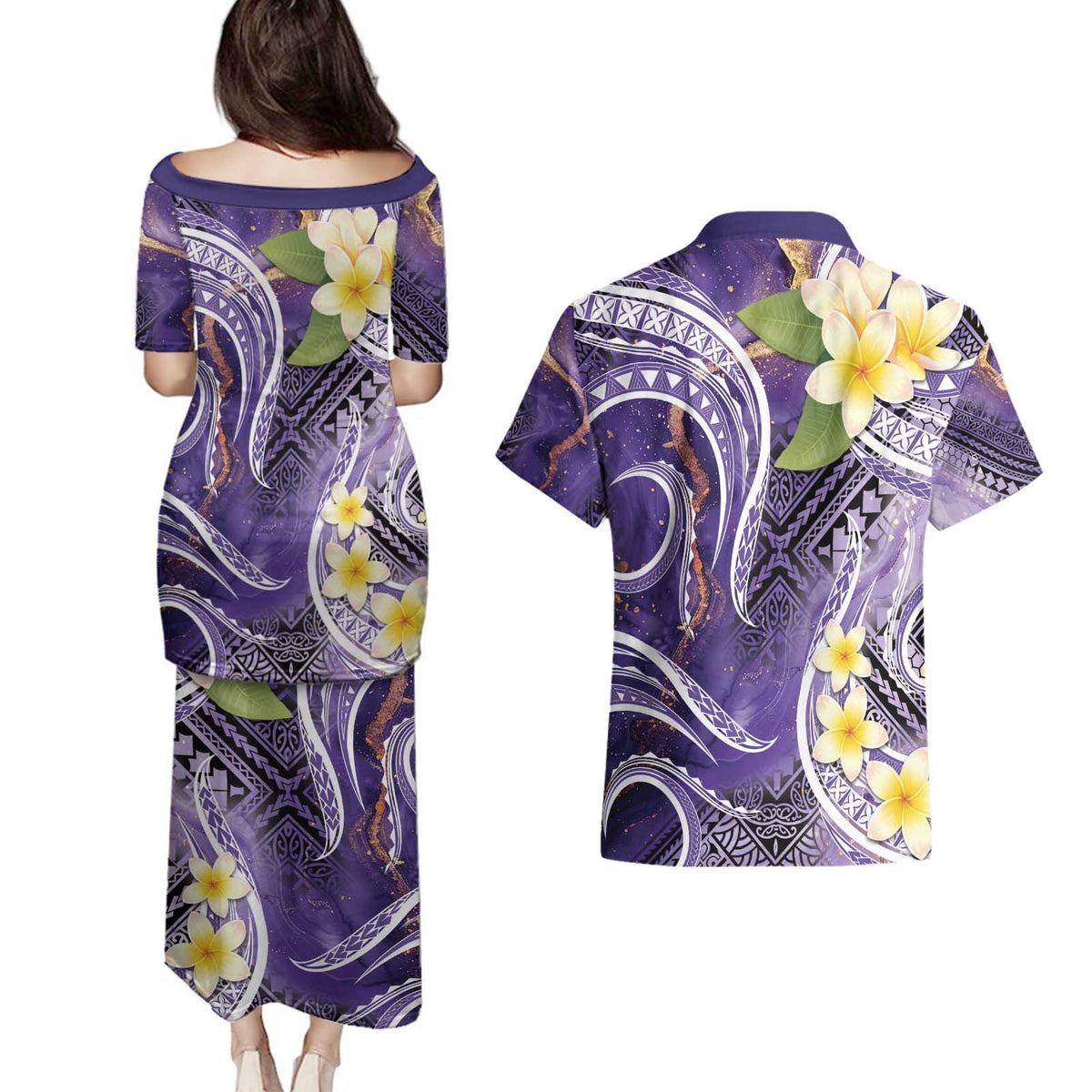 Polynesian Tribal Tattoo Couples Matching Puletasi and Hawaiian Shirt Plumeria Purple Marble Pattern LT9 - Polynesian Pride