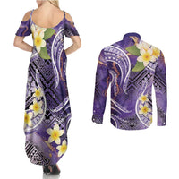Polynesian Tribal Tattoo Couples Matching Summer Maxi Dress and Long Sleeve Button Shirt Plumeria Purple Marble Pattern LT9 - Polynesian Pride