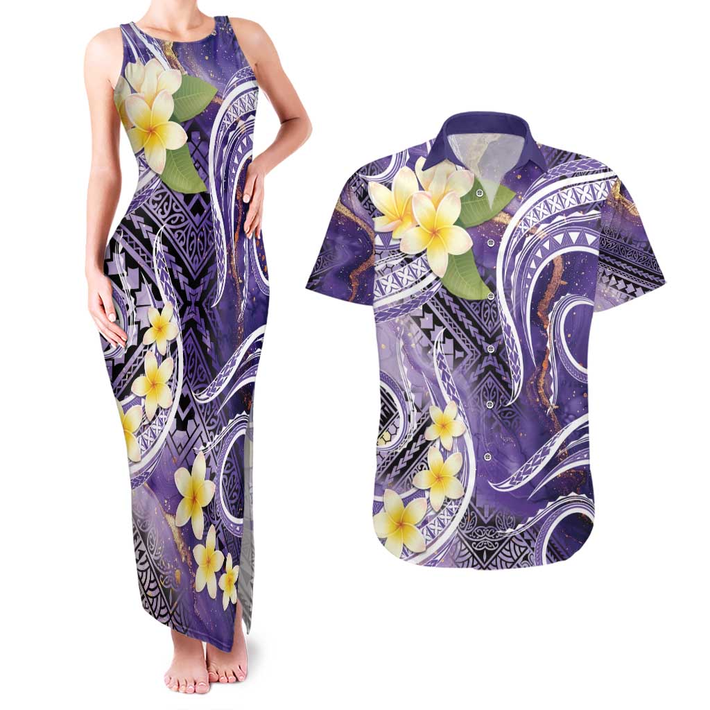 Polynesian Tribal Tattoo Couples Matching Tank Maxi Dress and Hawaiian Shirt Plumeria Purple Marble Pattern LT9 Purple - Polynesian Pride