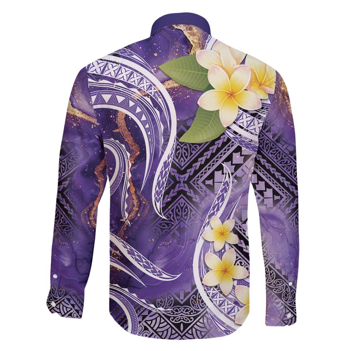 Polynesian Tribal Tattoo Family Matching Off The Shoulder Long Sleeve Dress and Hawaiian Shirt Plumeria Purple Marble Pattern