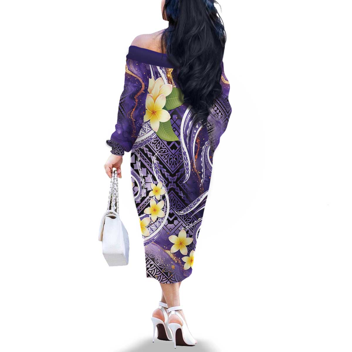 Polynesian Tribal Tattoo Family Matching Off The Shoulder Long Sleeve Dress and Hawaiian Shirt Plumeria Purple Marble Pattern