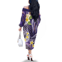 Polynesian Tribal Tattoo Family Matching Off The Shoulder Long Sleeve Dress and Hawaiian Shirt Plumeria Purple Marble Pattern