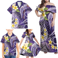 Polynesian Tribal Tattoo Family Matching Off Shoulder Maxi Dress and Hawaiian Shirt Plumeria Purple Marble Pattern