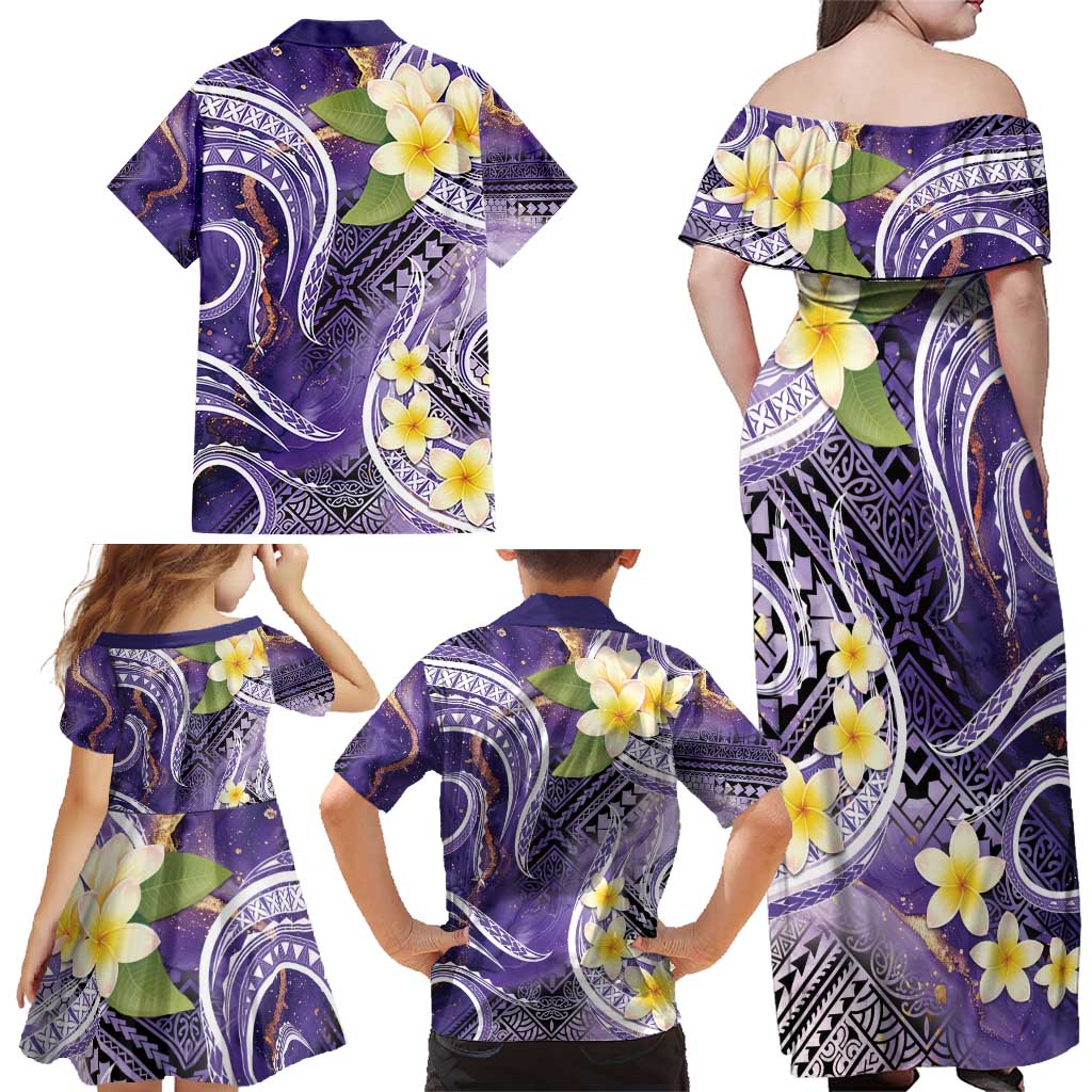 Polynesian Tribal Tattoo Family Matching Off Shoulder Maxi Dress and Hawaiian Shirt Plumeria Purple Marble Pattern