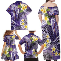 Polynesian Tribal Tattoo Family Matching Off Shoulder Maxi Dress and Hawaiian Shirt Plumeria Purple Marble Pattern