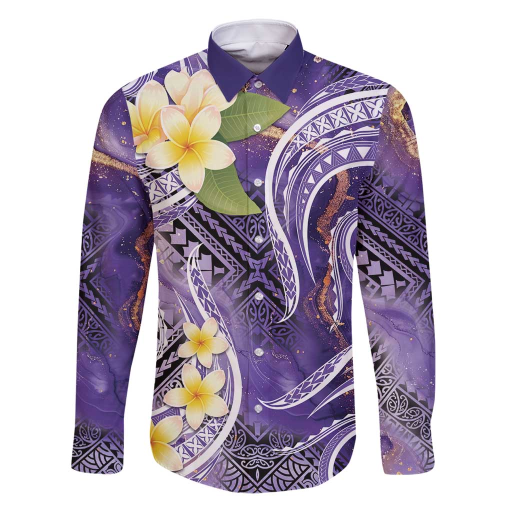 Polynesian Tribal Tattoo Family Matching Off Shoulder Short Dress and Hawaiian Shirt Plumeria Purple Marble Pattern