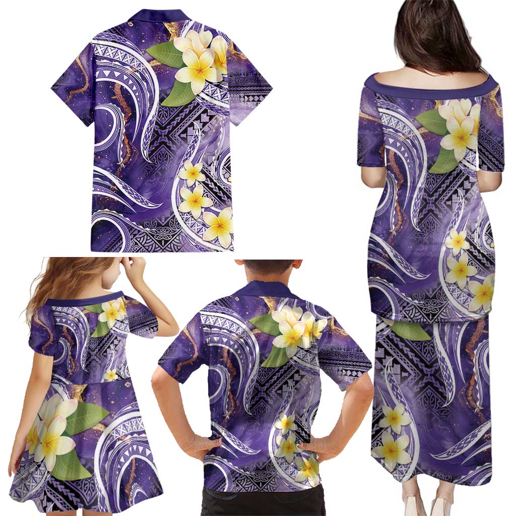Polynesian Tribal Tattoo Family Matching Puletasi and Hawaiian Shirt Plumeria Purple Marble Pattern