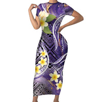 Polynesian Tribal Tattoo Family Matching Short Sleeve Bodycon Dress and Hawaiian Shirt Plumeria Purple Marble Pattern