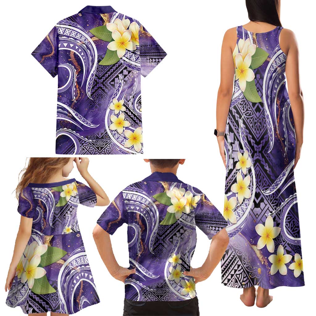 Polynesian Tribal Tattoo Family Matching Tank Maxi Dress and Hawaiian Shirt Plumeria Purple Marble Pattern