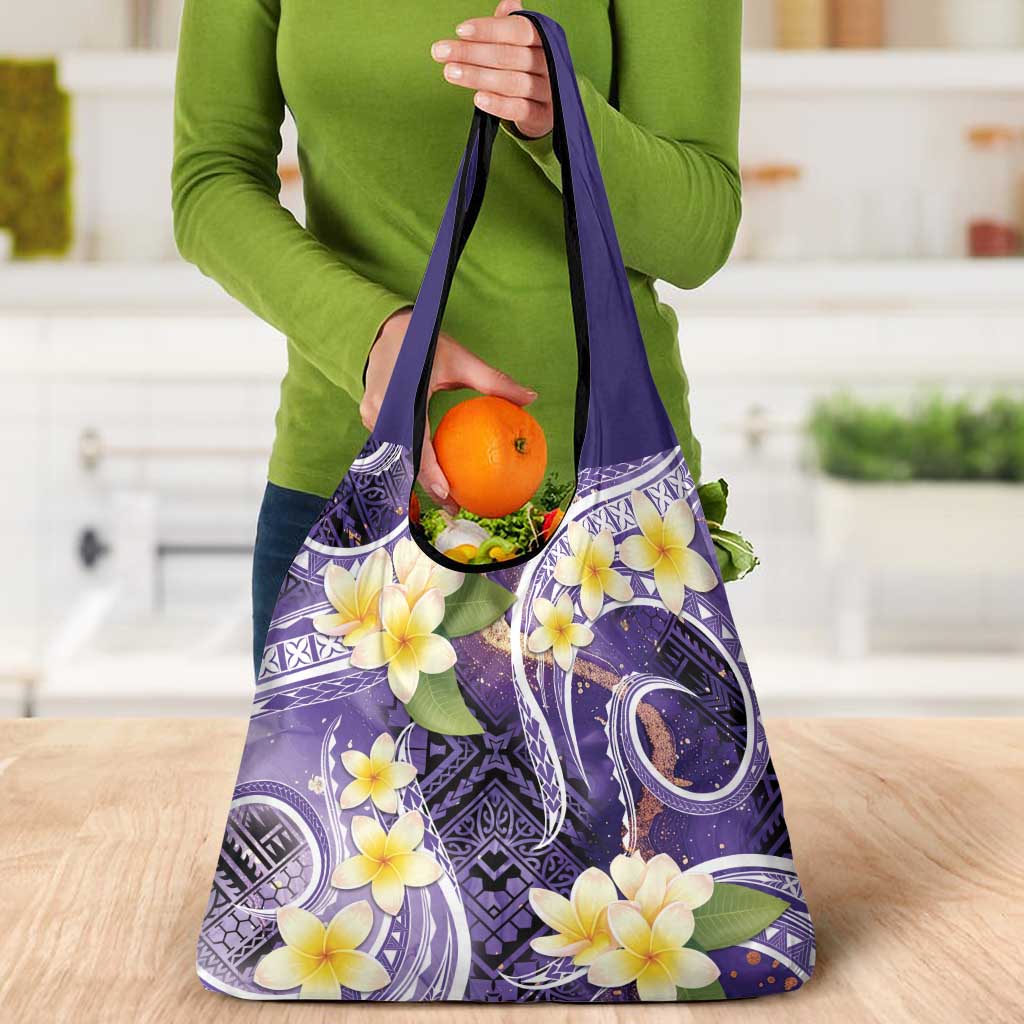 Polynesian Tribal Tattoo Grocery Bag Plumeria Purple Marble Pattern
