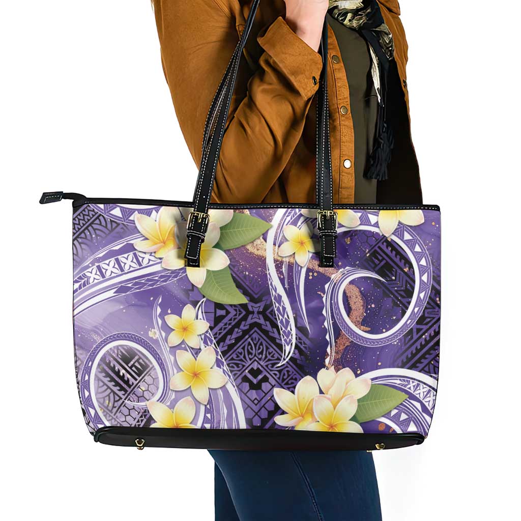 Polynesian Tribal Tattoo Leather Tote Bag Plumeria Purple Marble Pattern LT9 - Polynesian Pride