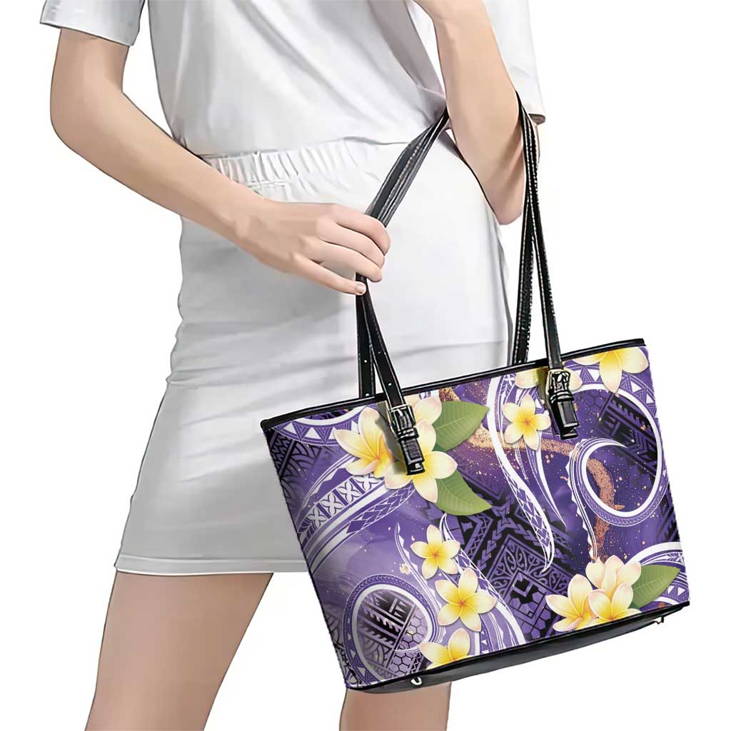 Polynesian Tribal Tattoo Leather Tote Bag Plumeria Purple Marble Pattern LT9 - Polynesian Pride