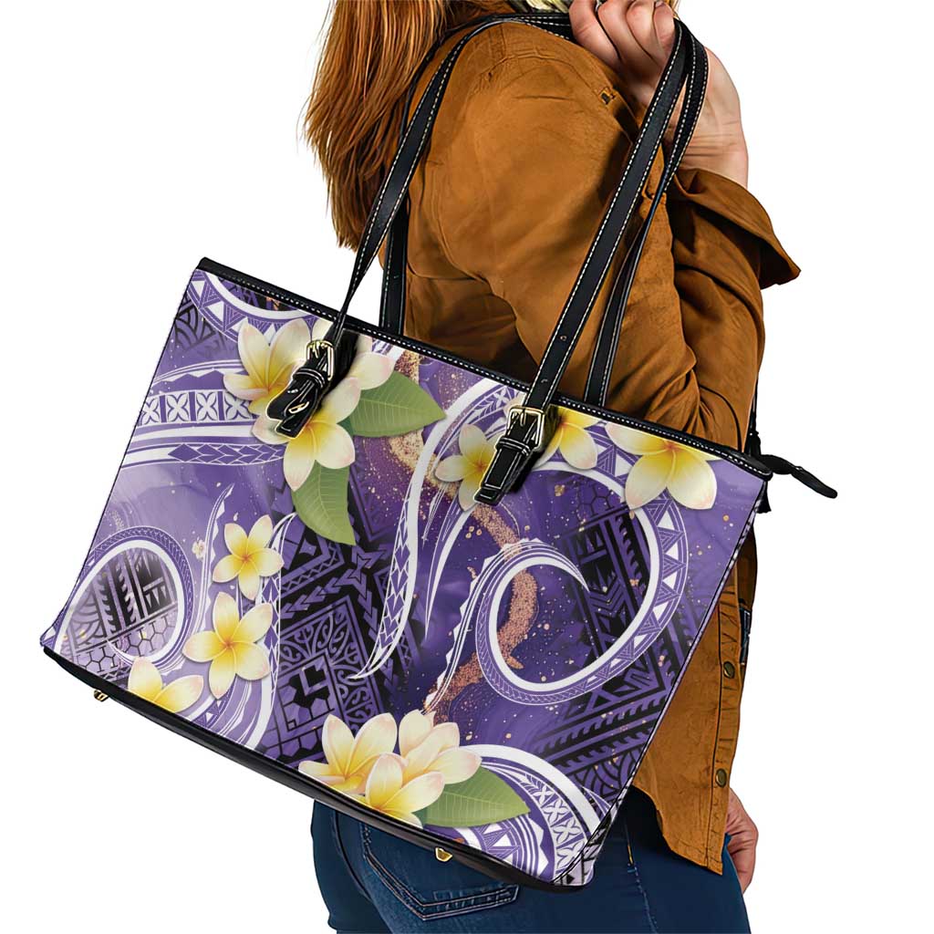 Polynesian Tribal Tattoo Leather Tote Bag Plumeria Purple Marble Pattern LT9 - Polynesian Pride