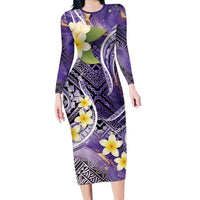 Polynesian Tribal Tattoo Long Sleeve Bodycon Dress Plumeria Purple Marble Pattern