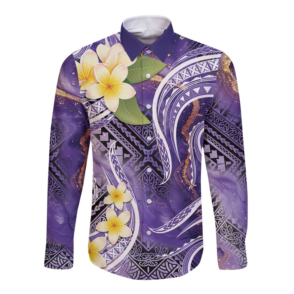 Polynesian Tribal Tattoo Long Sleeve Button Shirt Plumeria Purple Marble Pattern LT9 Unisex Purple - Polynesian Pride