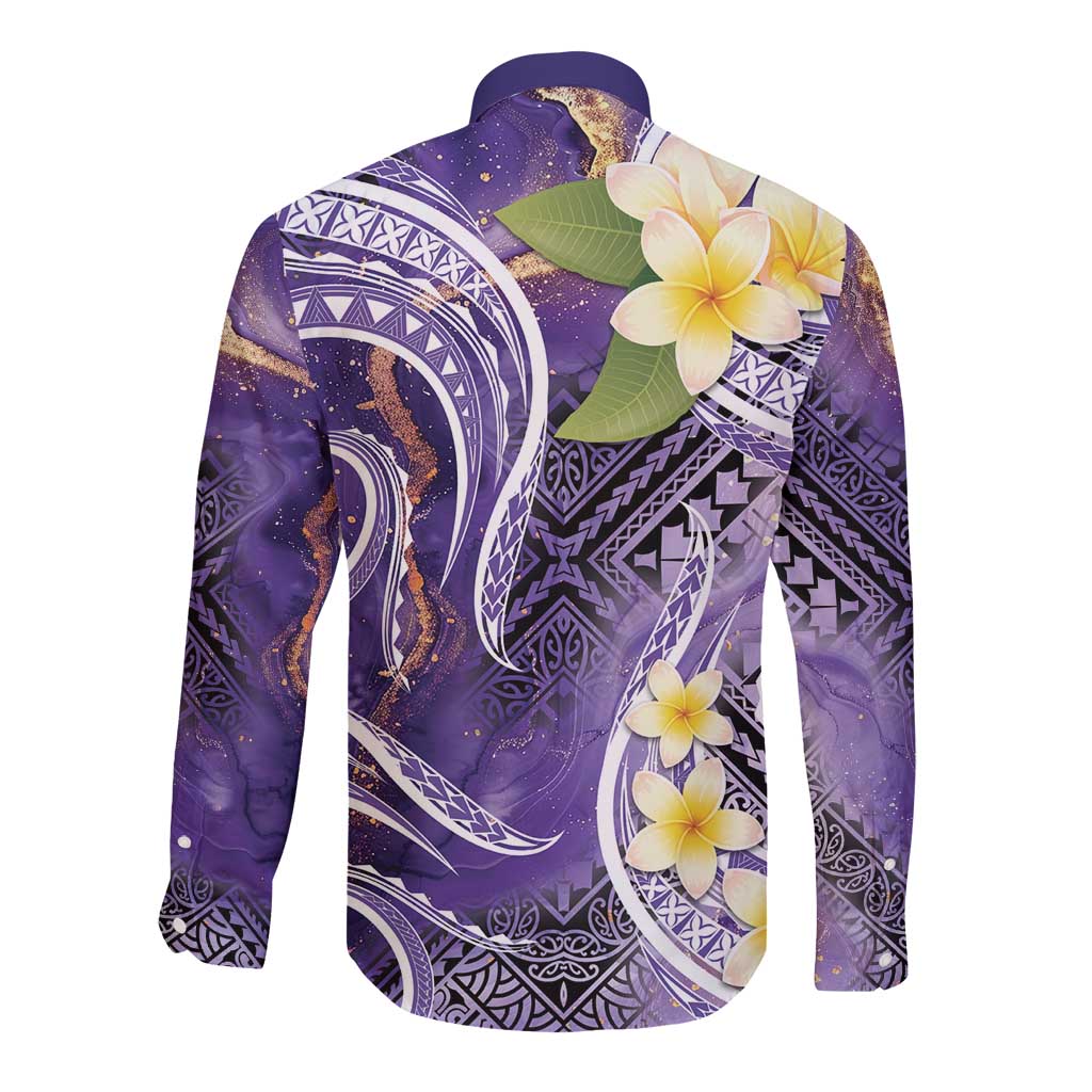 Polynesian Tribal Tattoo Long Sleeve Button Shirt Plumeria Purple Marble Pattern LT9 - Polynesian Pride