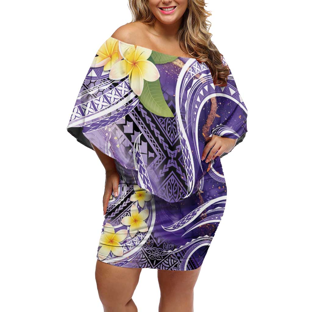 Polynesian Tribal Tattoo Off Shoulder Short Dress Plumeria Purple Marble Pattern LT9 Women Purple - Polynesian Pride