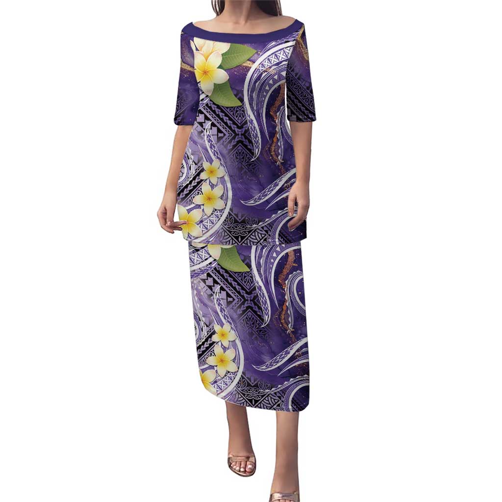 Polynesian Tribal Tattoo Puletasi Plumeria Purple Marble Pattern LT9 Long Dress Purple - Polynesian Pride