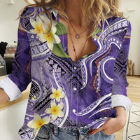 Polynesian Tribal Tattoo Women Casual Shirt Plumeria Purple Marble Pattern