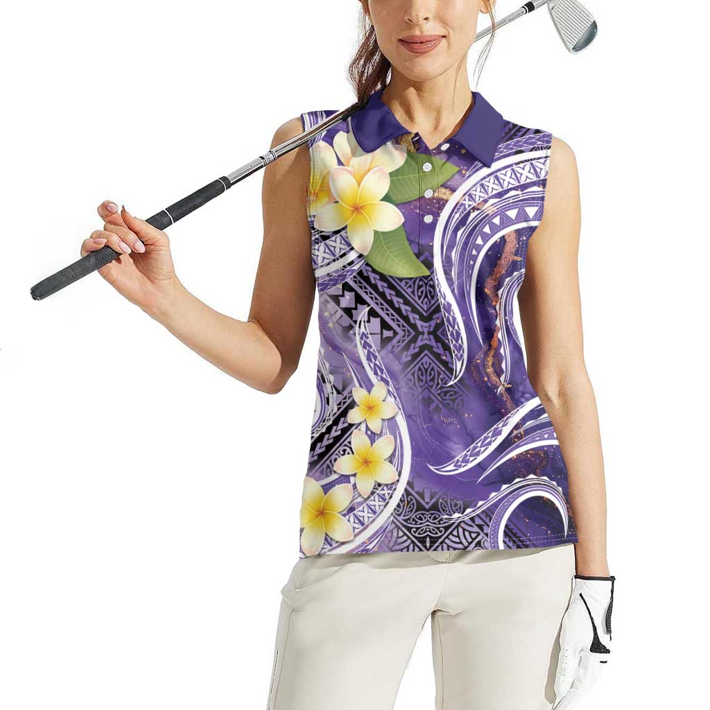 Polynesian Tribal Tattoo Women Sleeveless Polo Shirt Plumeria Purple Marble Pattern