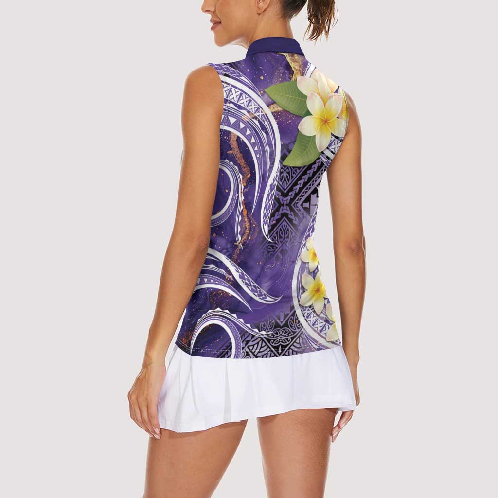 Polynesian Tribal Tattoo Women Sleeveless Polo Shirt Plumeria Purple Marble Pattern