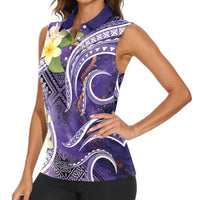 Polynesian Tribal Tattoo Women Sleeveless Polo Shirt Plumeria Purple Marble Pattern
