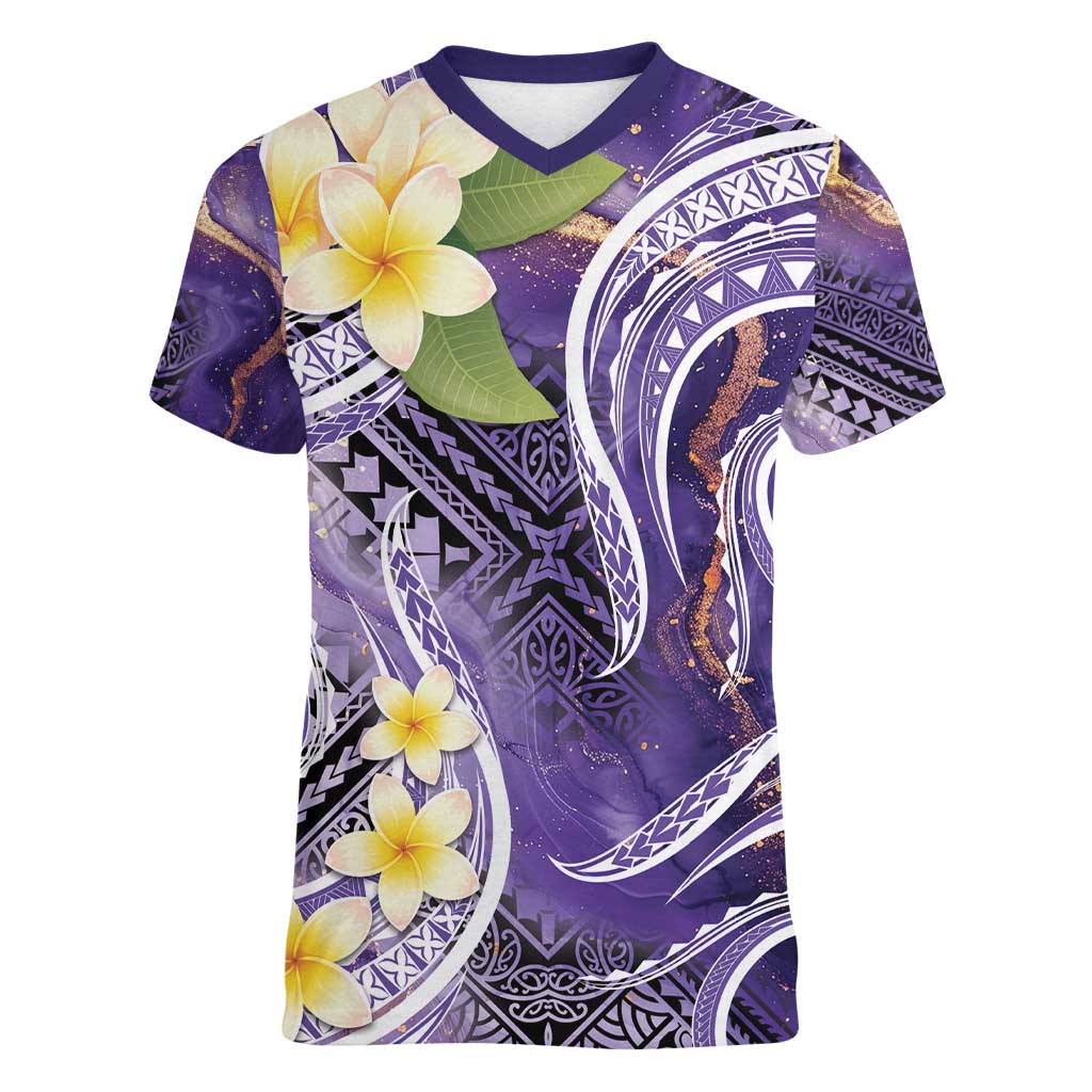 Polynesian Tribal Tattoo Women V-Neck T-Shirt Plumeria Purple Marble Pattern LT9 Female Purple - Polynesian Pride