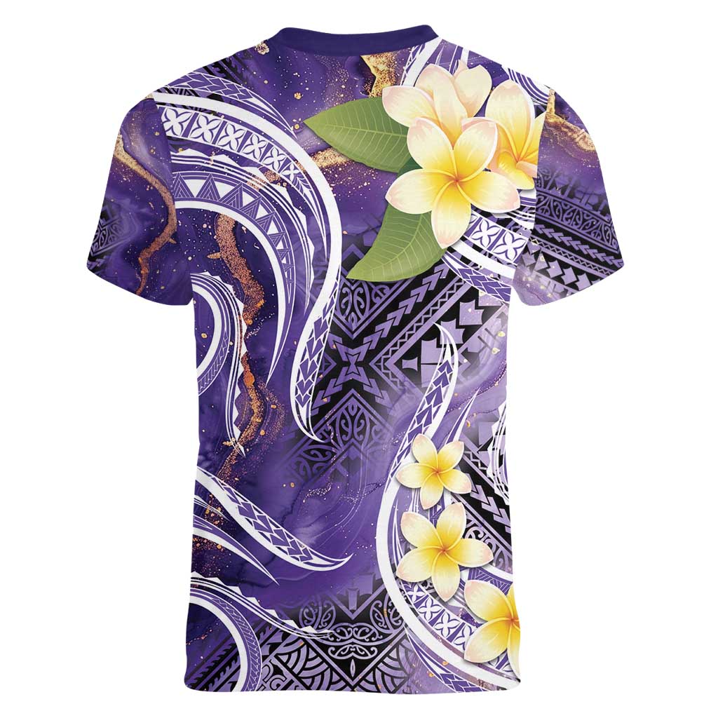 Polynesian Tribal Tattoo Women V-Neck T-Shirt Plumeria Purple Marble Pattern LT9 - Polynesian Pride