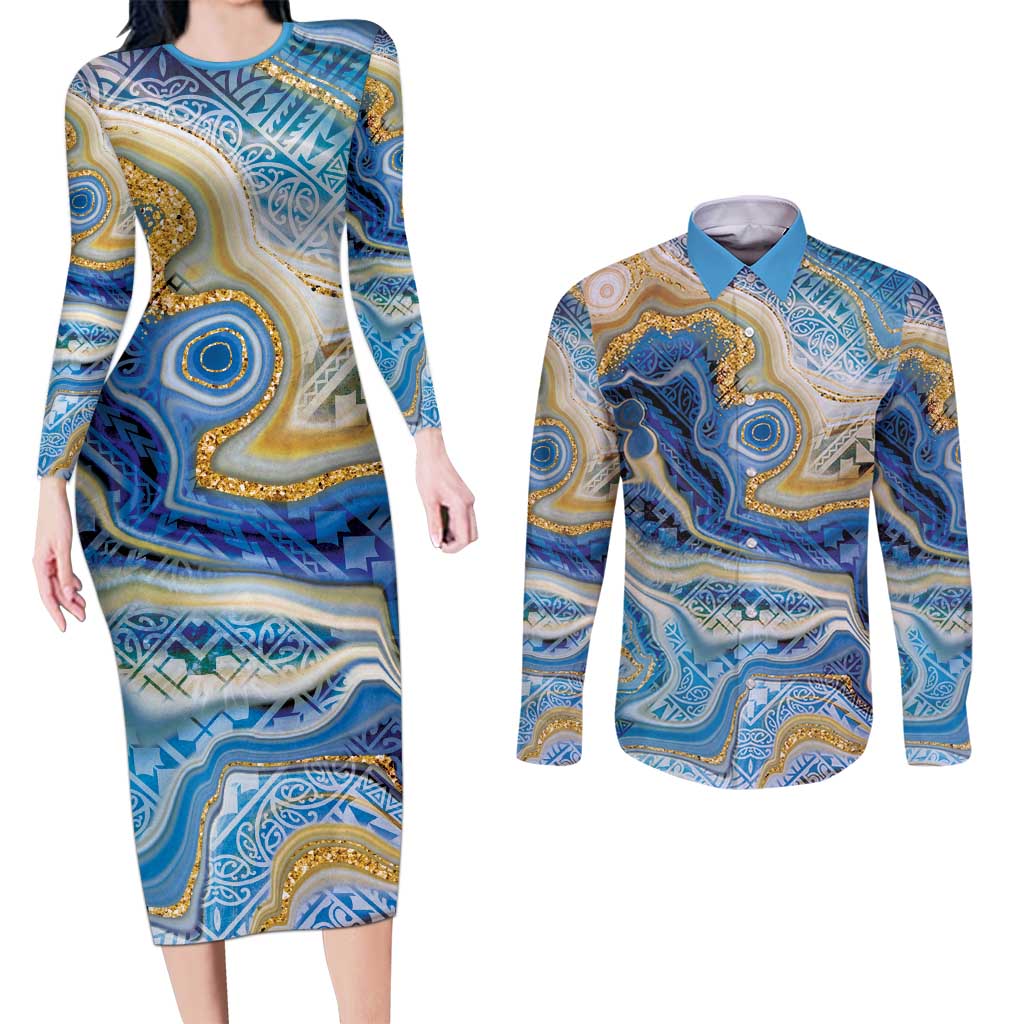 Polynesian Tribal Tattoo Couples Matching Long Sleeve Bodycon Dress and Long Sleeve Button Shirt Swirling Ocean Marble Pattern LT9 Ocean - Polynesian Pride