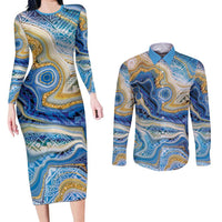 Polynesian Tribal Tattoo Couples Matching Long Sleeve Bodycon Dress and Long Sleeve Button Shirt Swirling Ocean Marble Pattern LT9 Ocean - Polynesian Pride