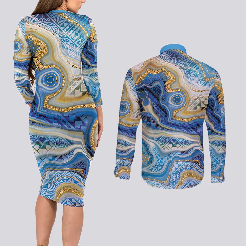Polynesian Tribal Tattoo Couples Matching Long Sleeve Bodycon Dress and Long Sleeve Button Shirt Swirling Ocean Marble Pattern LT9 - Polynesian Pride