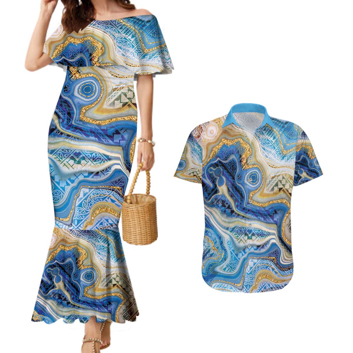Polynesian Tribal Tattoo Couples Matching Mermaid Dress and Hawaiian Shirt Swirling Ocean Marble Pattern LT9 Ocean - Polynesian Pride