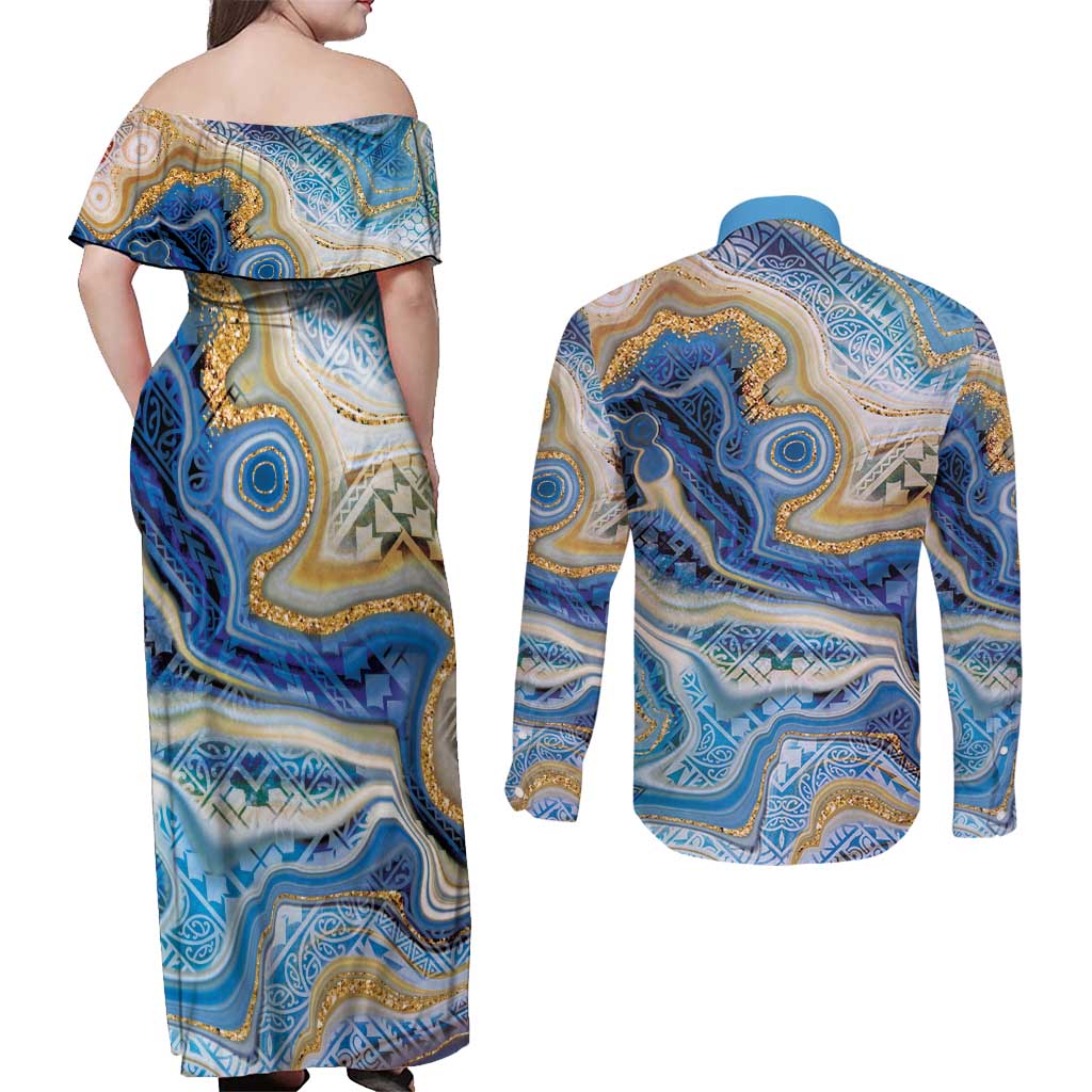 Polynesian Tribal Tattoo Couples Matching Off Shoulder Maxi Dress and Long Sleeve Button Shirt Swirling Ocean Marble Pattern LT9 - Polynesian Pride
