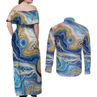 Polynesian Tribal Tattoo Couples Matching Off Shoulder Maxi Dress and Long Sleeve Button Shirt Swirling Ocean Marble Pattern LT9 - Polynesian Pride
