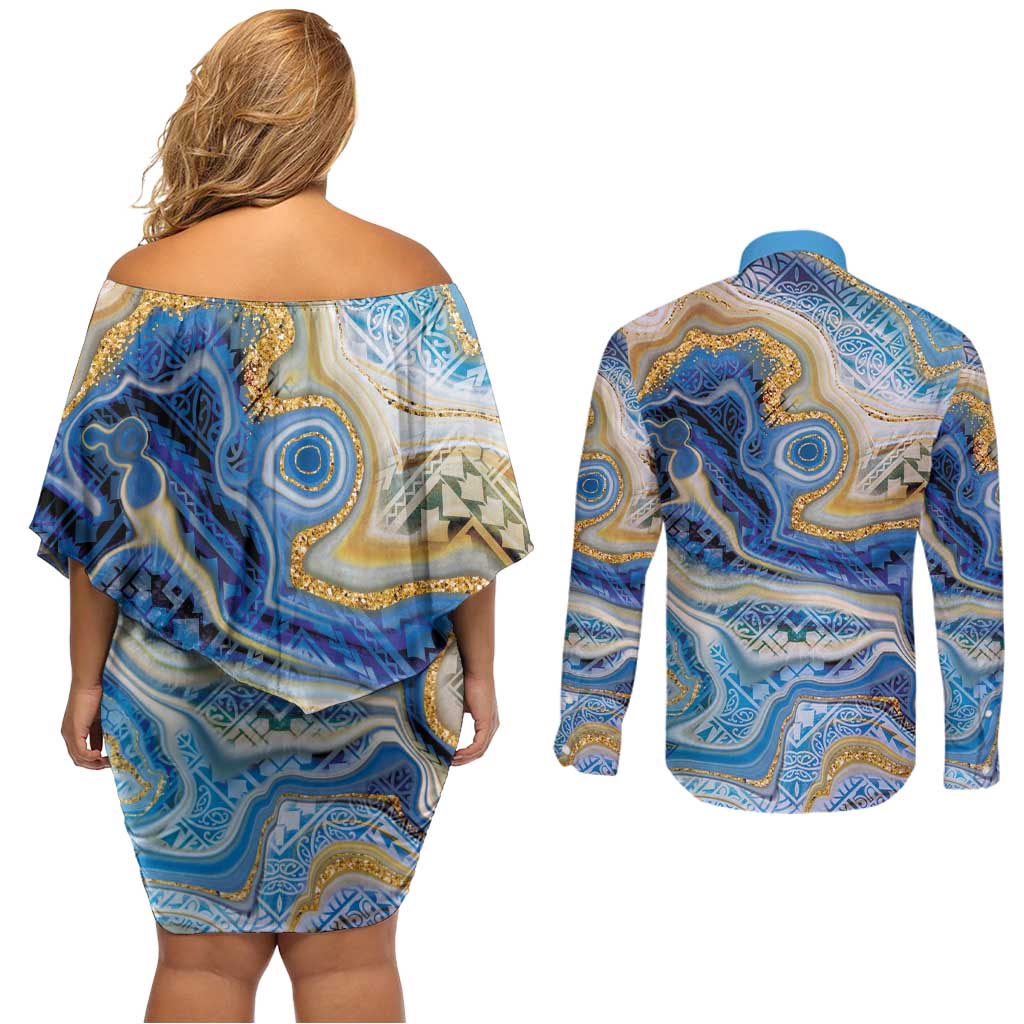 Polynesian Tribal Tattoo Couples Matching Off Shoulder Short Dress and Long Sleeve Button Shirt Swirling Ocean Marble Pattern LT9 - Polynesian Pride